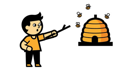 A Cartoon Man Provokes a Beehive with a Stick, Resulting in an Alarming Situation