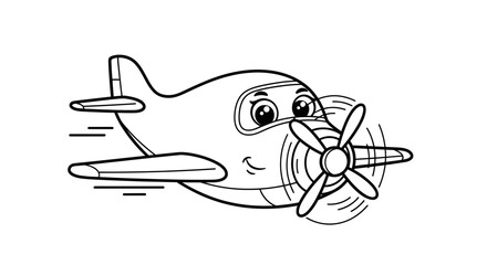 Cartoon Airplane with Expressive Eyes Soaring Through the Sky ready for coloring book