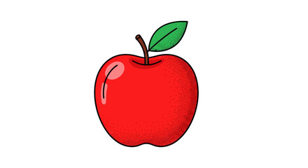Illustration of a bright red apple with stem and leaf on a clean white background