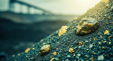 Gold nuggets discovered on a pile of ore gravel at a mine, with a blurred industrial conveyor in the background. A concept of discovery, wealth, and mining.