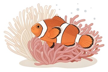 Illustrated Clownfish Swimming Among Sea Anemones in Vibrant Colors