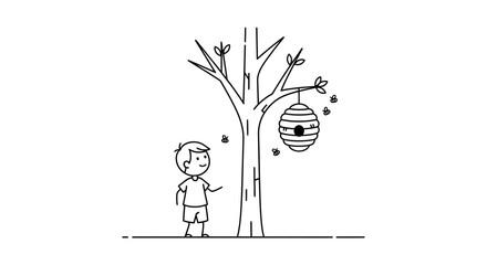 Simple line illustration of a boy looking at a beehive hanging from a tree