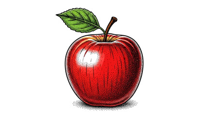 Detailed artistic rendering of a vibrant red apple with a fresh green leaf isolated on a white