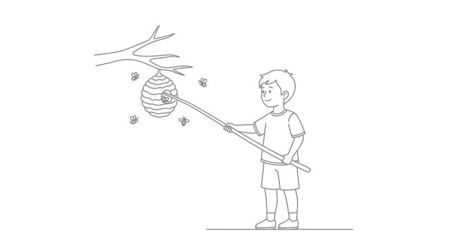 Illustration of a young boy poking a beehive with a stick on a tree branch scene