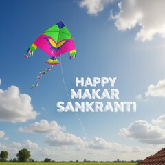 Colorful Kite Flying in Cloudy Sky with Text Makar Sankranti green