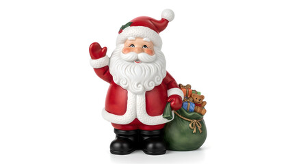 Traditional Ceramic Santa Claus Figurine with Sack of Gifts on White Background