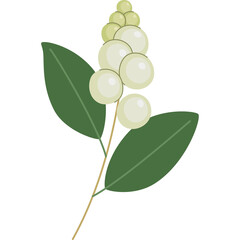 Pixel Art Illustration of a Snowberry Branch with Creamy White Berries and Deep Green Leaves Isolated on a Transparent Background