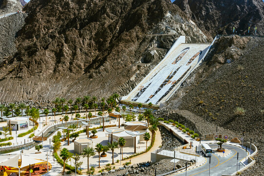 Hatta, UAE- 02112025: Beautiful view of Hatta Dam or Lake and Hajar Mountain in the Emirate of Dubai. High quality photo