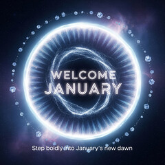 Cosmic Portal with " Welcome January" Text and Floating Crystals new year gateway