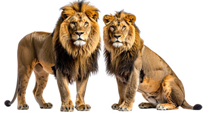 Male and female lion pair animal bundle isolated on transparent background