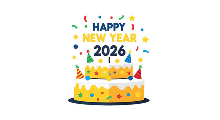 Vibrant Happy New Year 2026 Party Cake Flat Vector Illustration