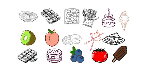 Delicious food illustration set for menu designs, vibrant fruit and dessert icons, perfect for culinary projects and sweet treat promotions