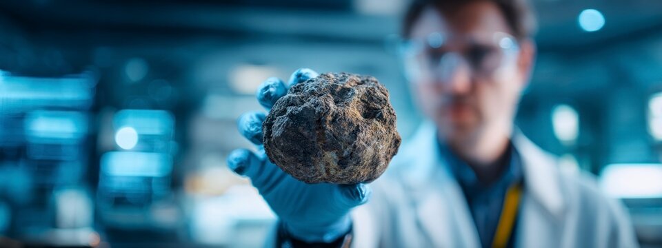 Researcher in protective gloves and mask examining deepsea mineral sample in laboratory, concept of exploration, geology, energy and sustainability. banner 