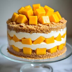 A delicious Mango Graham Cake (Mango Float) displayed on a glass cake stand, with perfectly layered textures