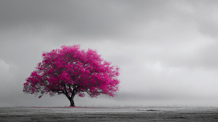 Bright pink tree against a monochrome sky