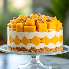 A delicious Mango Graham Cake (Mango Float) displayed on a glass cake stand, with perfectly layered textures
