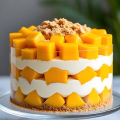 A delicious Mango Graham Cake (Mango Float) displayed on a glass cake stand, with perfectly layered textures