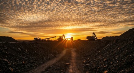 A dramatic sunset with a starburst effect over a mining quarry, silhouetting heavy machinery like excavators and conveyor belts under a mackerel sky.
