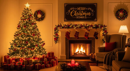 Cozy Christmas Living Room with Decorated Tree and Fireplace holiday xmas