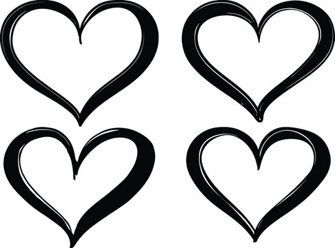 Four black heart outlines on white space
