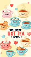 Cute cartoon cups of hot tea with happy faces for National Hot Tea Month image photo