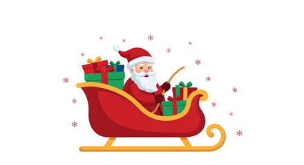 Flat Cartoon Santa Claus in Red Sleigh with Gifts and Snowflakes
