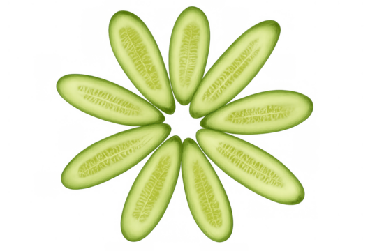 Fresh cucumber slices arranging in a flower shape for a healthy food concept, refreshing vegetable on transparent background