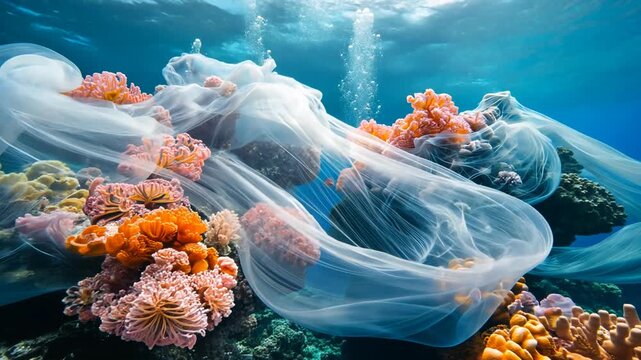 Underwater coral reefs entangled in plastic debris.