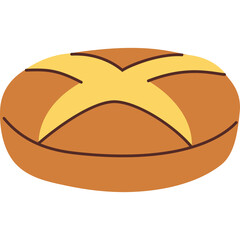 Simple Flat Icon of a Round Brown Bread Roll with a Yellow Cross Shape on Top Isolated on White Background