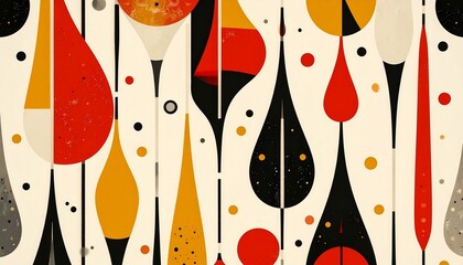 Vertical abstract pattern of teardrop and oval shapes in red, orange, black, and white on cream background.