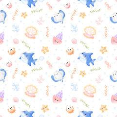 Adorable Watercolor Sea Creatures Seamless Pattern for Kids Crafts and Digital Design