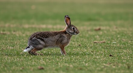 Fototapeta premium A wild rabbit with long ears on a grassy field, alert and moving