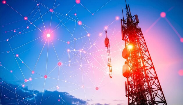 Telecom tower with antennas and red-node network overlay against glowing sky.