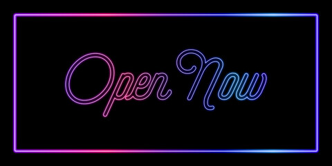 A vibrant neon sign displaying the message "open now" against a dark background illustration