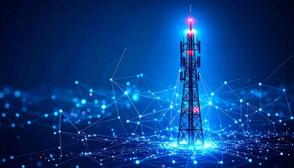 Telecom tower emitting glowing signals over dark network grid.