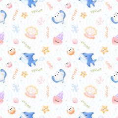 Adorable Watercolor Sea Creatures Seamless Pattern for Kids Crafts and Digital Design