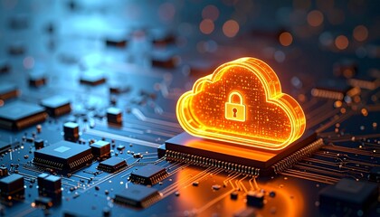 Glowing orange cloud icon with padlock on digital circuit board.