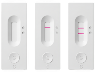 Three white rapid test devices displayed side by side showing results blank single pink line and double pink lines isolate negative positive medical healthcare