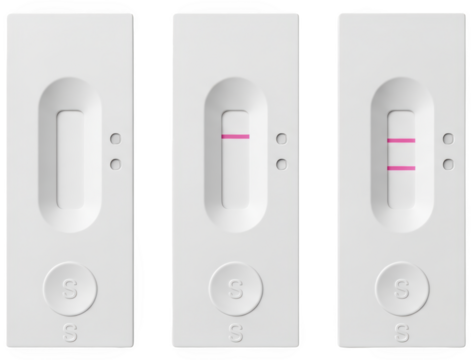 Three white rapid test devices displayed side by side showing results blank single pink line and double pink lines isolate negative positive medical healthcare