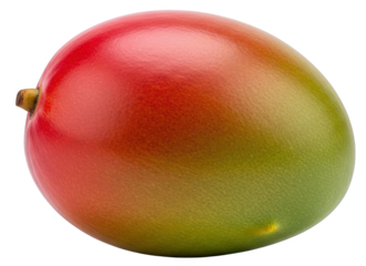 A ripe colorful mango fruit showing a gradient of red and green hues with a small stem detail perfect isolate Tropical Exotic Healthy Food Delicious Fresh