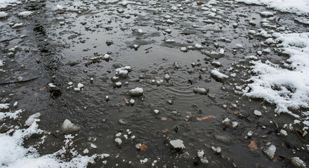 Water and snow puddle stones and mud
