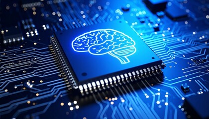 AI brain chip glowing on circuit board with gold connectors.