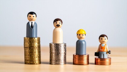 Wooden profession figurines on coin stacks showing income disparity.