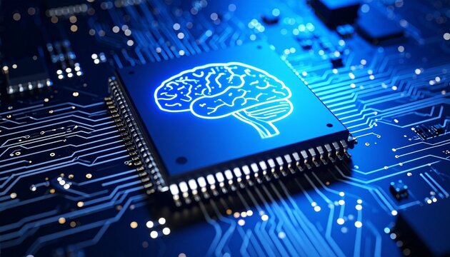 AI brain chip glowing on circuit board with gold connectors.