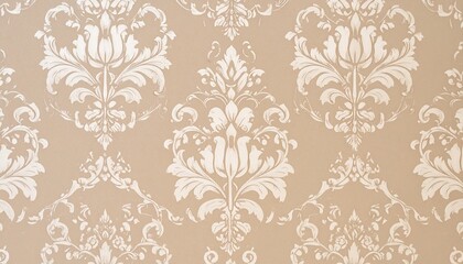 Classic beige damask wallpaper with white floral motifs.