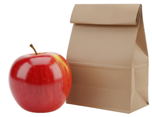 A ripe red apple sits next to a brown paper lunch bag suggesting a simple healthy meal Isolated with Food Fruit Brown paper bag Healthy eating Snack Transparent background