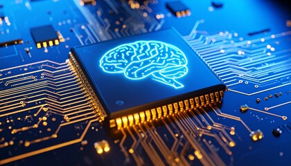 AI brain chip glowing on circuit board with gold connectors.