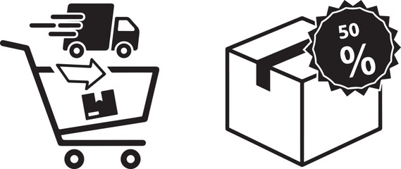 Monochrome shipping delivery cart and sale discount box graphics