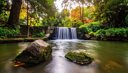 Naklejka premium Serene waterfall cascades into a calm river, framed by autumnal foliage