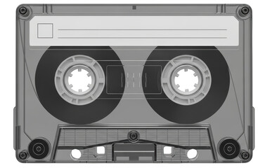 Fototapeta premium A top down view of a clear plastic audio cassette tape with gray spools and magnetic tape a label area at the top isolate Music Retro Vintage Sound Recording